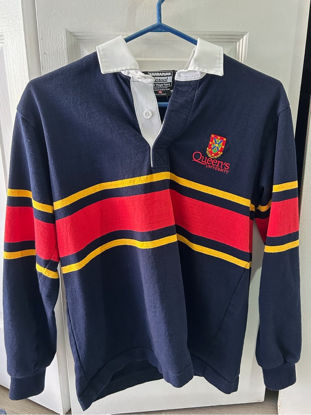 Queen's University Navy Rugby Shirt with Red & Gold Stripes
